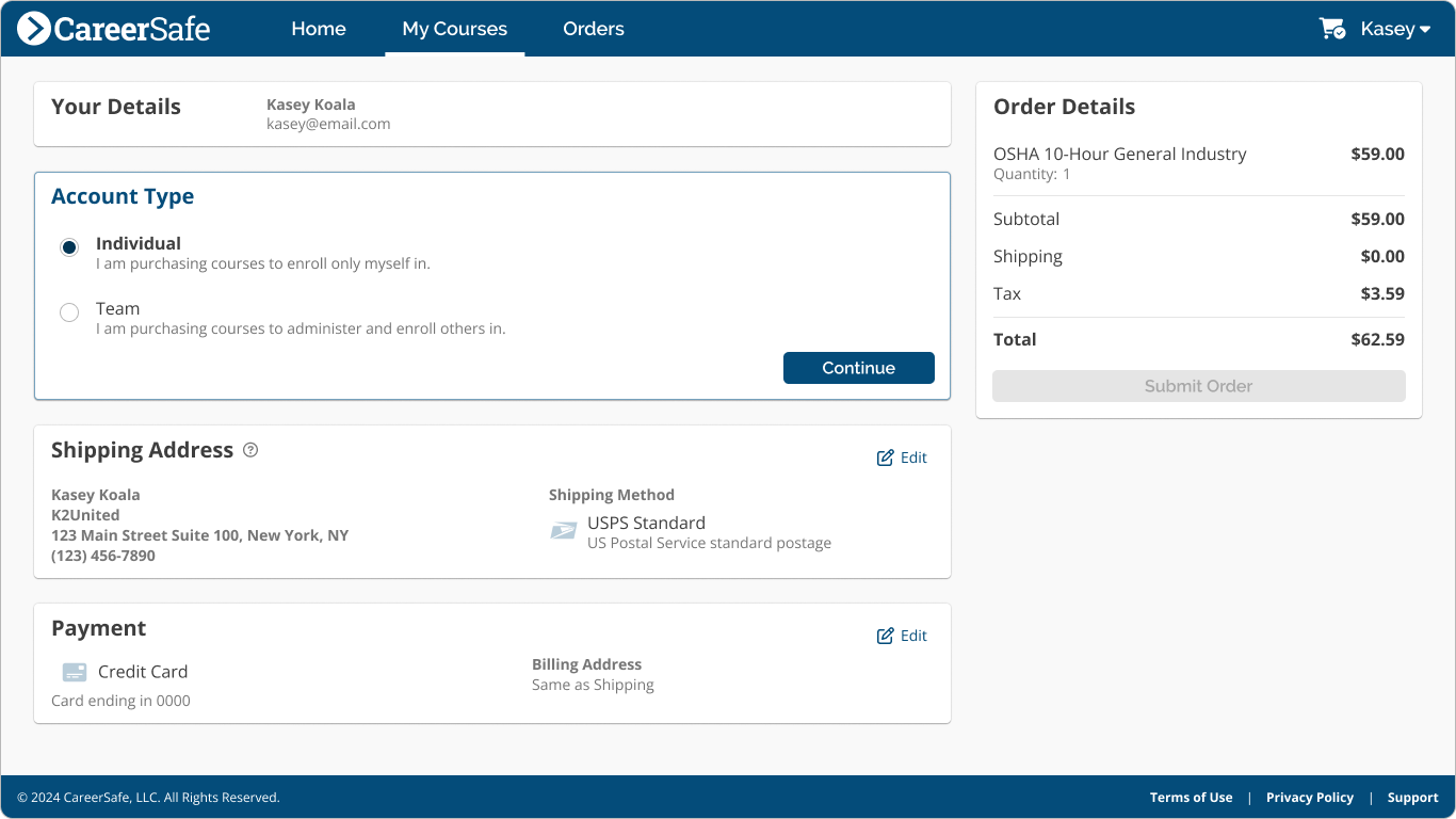 screenshot: Checkout Account Type