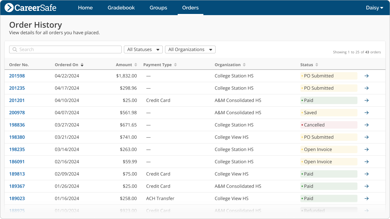 screenshot: Order History Teacher